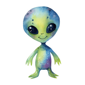 Watercolor alien image on transparent background