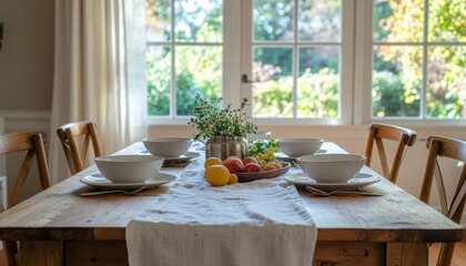 A rustic wooden dining table is set for a meal in a bright room with a large window.