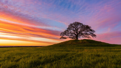 Lone Tree Silhouette on Hill at Vivid Sunset Majestic Landscape with Colorful Sky and Meadow Landscape