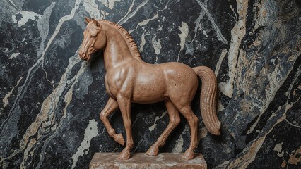 Black and white image of a horse sculpture in stone