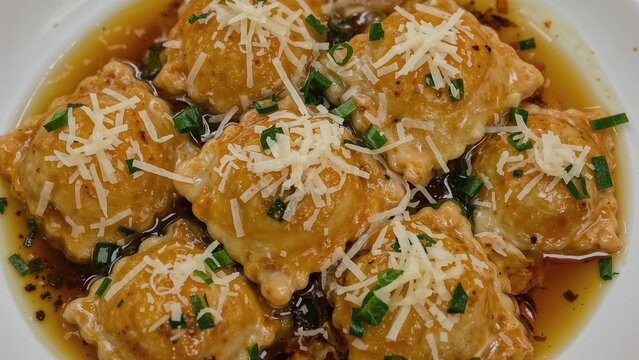 Fresh homemade pumpkin-filled pasta dumplings with parmesan and balsamic glaze, close-up dining scene