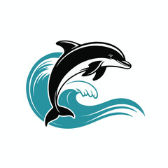 Obraz premium Elegant black dolphin jumping gracefully over a stylized turquoise ocean wave. A symbol of joy, freedom, and marine life.