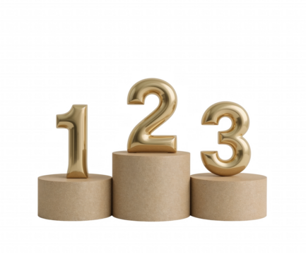 Golden Championship Podium Displaying First, Second, and Third Positions with Stylish 3D Renderings and Neutral Stage