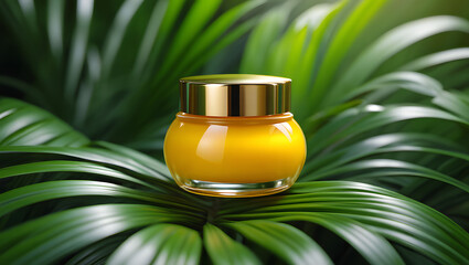 Luxurious yellow cream jar with golden lid resting on vibrant green tropical leaves skincare beauty and wellness concept
