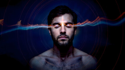 Fototapeta premium Caucasian man with closed eyes and glowing energy beam representing spiritual awakening and inner peace