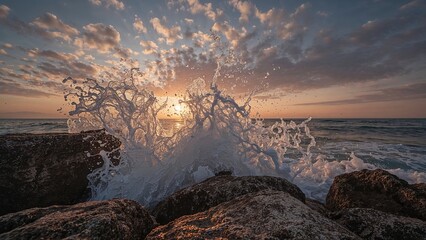 Sunset scene with sea waves hitting stones on the shore