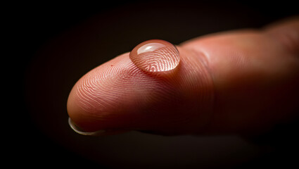 Macro Photograph of Water Droplet on Human Finger Displaying Fingerprint Details with Dark Background Showcasing Individuality