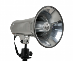 High resolution stock photo showcasing a detailed vintage bullhorn megaphone with silver finishing, isolated against a consistent backdrop