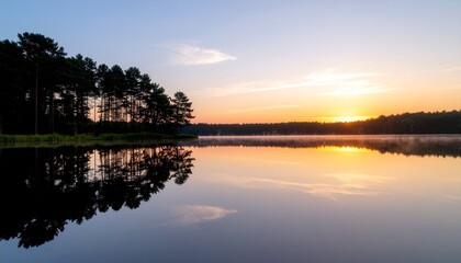Obraz premium Calm lake reflecting the sunrise, with trees silhouetted against the colorful sky.