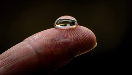 Macro Photography of a Water Droplet on a Human Finger Revealing Intricate Skin Details and Reflections of Light