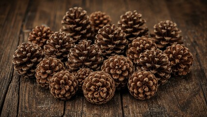 Obraz premium Tree cones displayed on aged wood. Genuine wild harvest from temperate forests