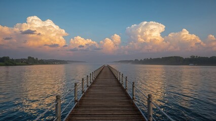 Obraz premium Bright blue sky and gorgeous sunset clouds over a river pier designed for erosion prevention