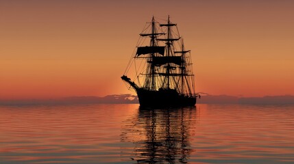 Obraz premium Old Sailing Ship Silhouette Against Calm Sea at Sunset