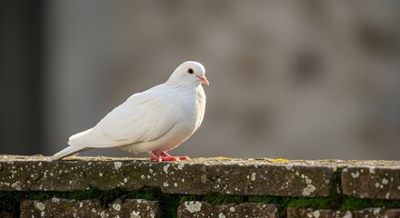 Obraz premium A white dove perches on a weathered brick wall, bathed in soft light against a blurred background.