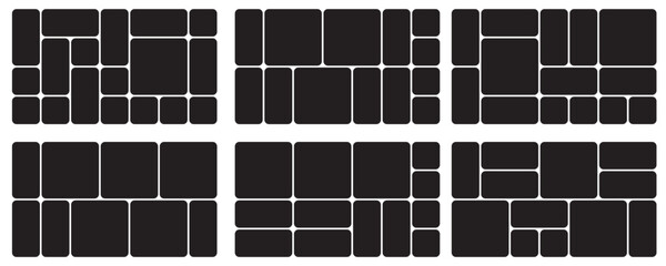 Bento grid vector horizontal layouts. Geometric tiles pattern for photo collage, website layout, etc. Trendy tiling frames arrangements and presentation templates for social media.