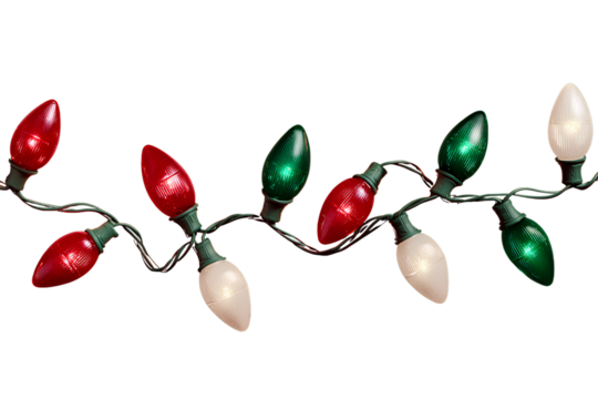 Classic C9 Bulb String Lights in Red, Green, and White, Curved Layout, Transparent Background PNG