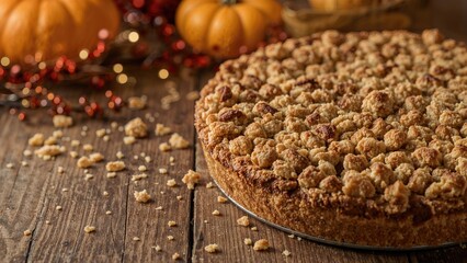 Seasonal pumpkin crumble pie adorned with festive decorations on wooden backdrop