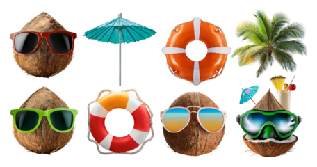 Tropical Summer Beach Elements with Coconut and Sunglasses Decor, isolated on transparent background