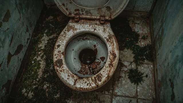 Picture of a decayed and filthy metallic outhouse with rust in a rural area. Symbolizing hardship and destitution.