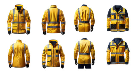 Collection of Yellow Safety Jackets with Reflective Stripes and Styles, PNG bundle collection, Isolated on Transparent Background