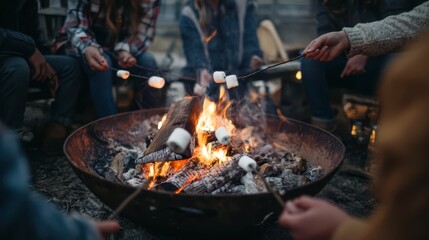 Fototapeta premium People Roasting Marshmallows Around a Fire Pit Outdoors at Night