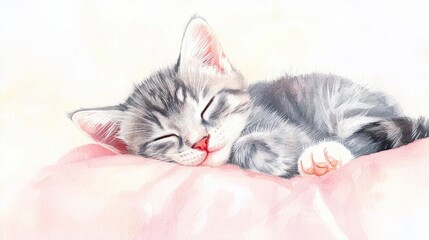 Fototapeta premium Adorable grey kitten peacefully sleeping on a pink pillow. (1)