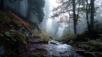 Obraz premium Misty Forest Pathway Surrounded by Lush Greenery and Fog