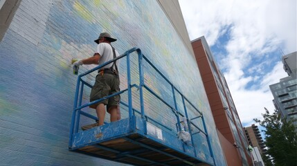 Urban Outdoor Mural Painting in Progress on Wall by Artist