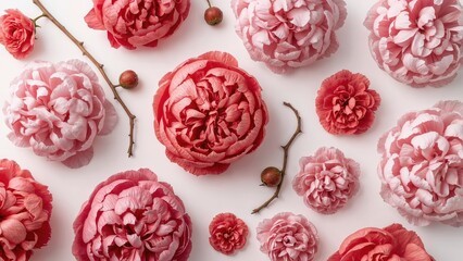 Springtime peony blooms against a pure white background