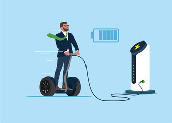 Ecological city transport. Segway and Electric scooter battery charger. Public Segway and scooter charging station. Electric charging. Flat vector illustration