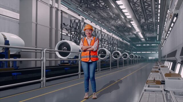 Full Body Of Asian Female Engineer With Safety Helmet Crossing Her Arms And Smiling To Camera While Standing, Aircraft Engine Manufacturing and Assembly Line in a Modern Factory