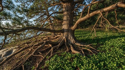 Pine tree roots uncovered by erosion amidst green plants at the seaside