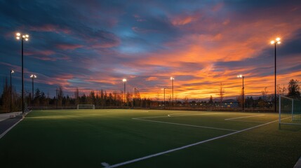 Vibrant Sunset Over Soccer Field Illuminated by Stadium Lights