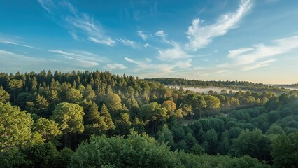 Obraz premium Early morning forest landscape bathed in gentle light and cool, fresh air