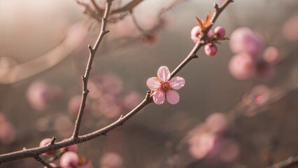 Delicate pink flowers blossoming on tree limbs during spring with a blurred natural background