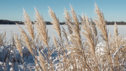 Fototapeta premium Close-up of Phragmites australis with snowy winter background