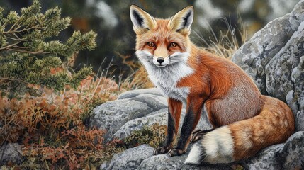 Red fox sitting on rocks in a forest.