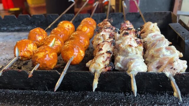 Different types of kababs like egg cheese, reshmi being roasted in skewers in the streets of India.