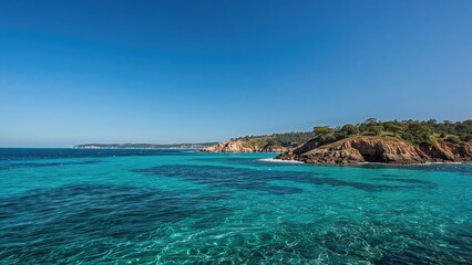 Fototapeta premium Shooting seascapes featuring clear weather, rugged cliffs, and forested areas.