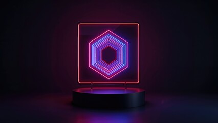 Geometric pedestal in black adorned with striking neon red and blue illumination