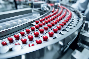 Obraz premium Close-up view of red pills on production conveyor belt Generative AI