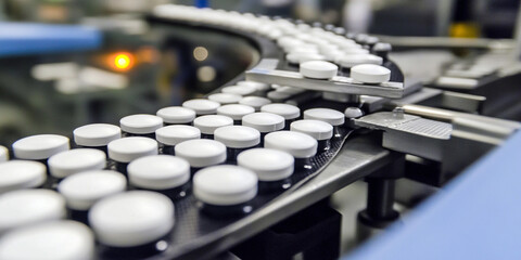 Fototapeta premium Close-up view of pills on a production conveyor belt Generative AI