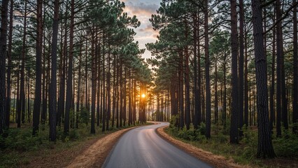 Naklejka premium Sunrise illuminating a road surrounded by pine woods