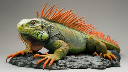 Obraz premium Vibrant green and orange iguana lizard figurine perched on grey rocks, isolated on a neutral background.