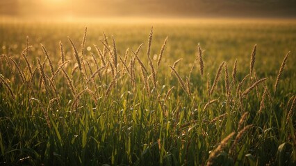 Fototapeta premium Sunset Backlit Tall Grass in a Vibrant Wild Meadow with Golden Hour Light, Stabilized with Gimbal