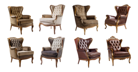 Elegant Vintage Armchairs Collection in Various Fabric Textures, isolated on transparent background