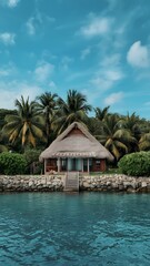A small white house with blue doors and a thatched roof next to a body of water