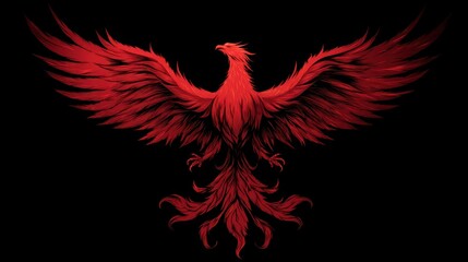 Fototapeta premium Mythological Phoenix Rising Silhouette in Vibrant Red Against Black