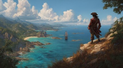 Fototapeta premium Pirate Captain Standing on Cliff Overlooking Sea and Ship in Distance