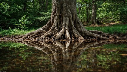 Submerged trunk reflecting in a water pool, natural wood elements, springtime greenery in a woodland area